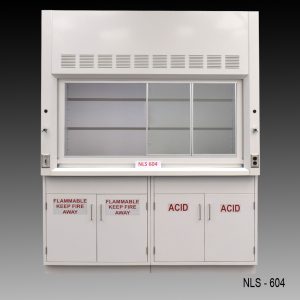 Front view of a 6 foot Fisher American fume hood with acid and flammable cabinets, one cold water valve, one gas valve