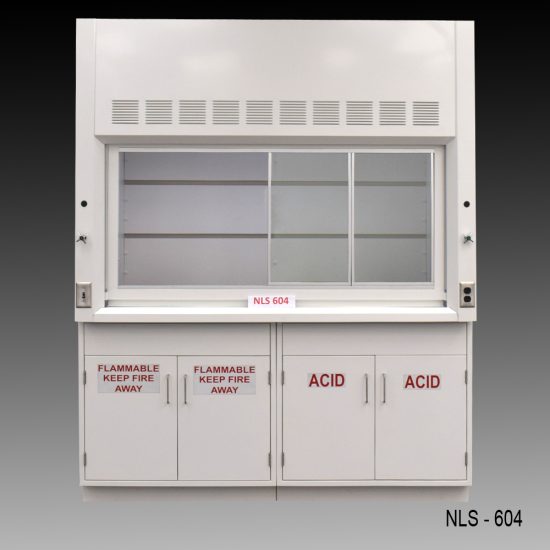 Front view of a 6 foot Fisher American fume hood with acid and flammable cabinets, one cold water valve, one gas valve