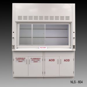 Front view of a 6 foot Fisher American fume hood with acid and flammable cabinets, 1 cold water valve, 1 gas valve