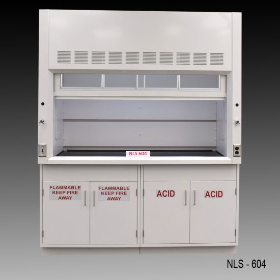 Front view of a 6 foot Fisher American fume hood with one vertical sliding sash door with four horizontal sliding glass windows