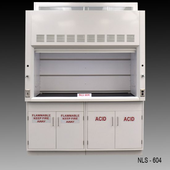 Front view of a 6 foot Fisher American fume hood with 1 vertical sliding sash door with 4 horizontal sliding glass windows