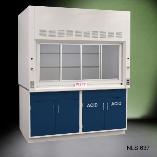 Angled view of Fisher American 6'x4' Fume Hood with two blue acid and two general storage cabinets.