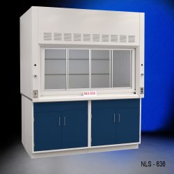 Angled view of Fisher American 6'x4' Fume Hood with two blue general storage cabinets.