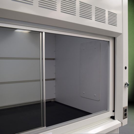 Inside, close up view of Fisher American 6'x4' Fume Hood with blue acid storage cabinets.