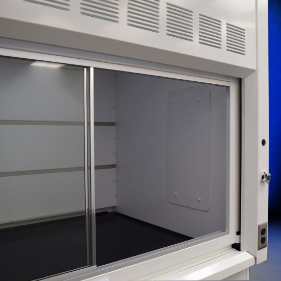 Close up view of Fisher American 6'x4' Fume Hood with two blue acid and two general storage cabinets.