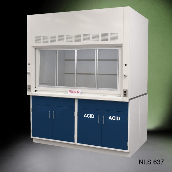 Front view of Fisher American 6'x4' Fume Hood with two blue acid and two general storage cabinets.