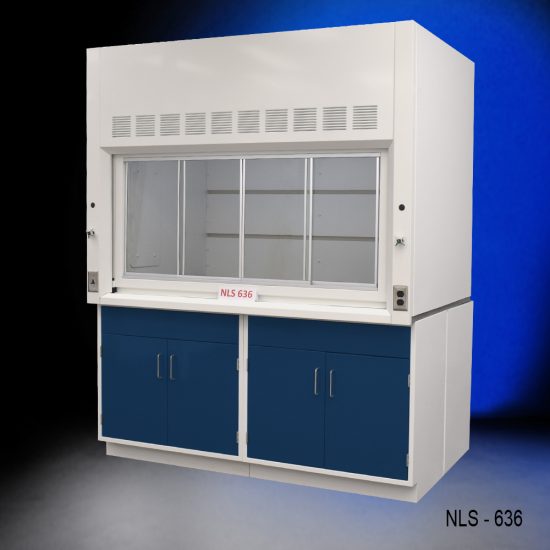 Angled view of Fisher American 6'x4' Fume Hood with two blue general storage cabinets.