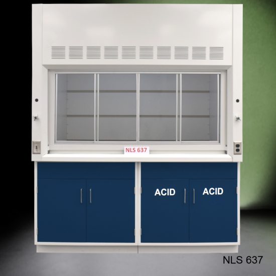 Front view of Fisher American 6'x4' Fume Hood with two blue acid and two general storage cabinets.