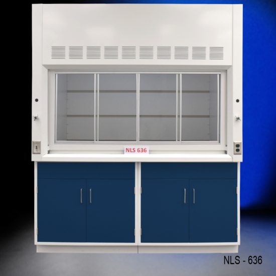 Front view of Fisher American 6'x4' Fume Hood with two blue general storage cabinets.