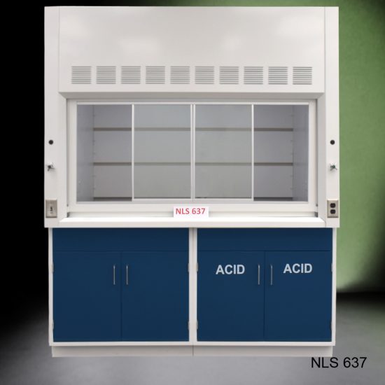 Front view of Fisher American 6'x4' Fume Hood with two blue acid and two general storage cabinets.