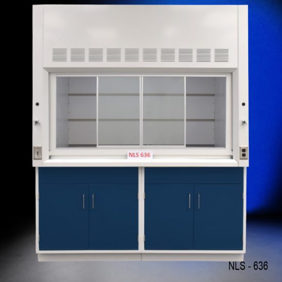 Front view of Fisher American 6'x4' Fume Hood with two blue general storage cabinets.