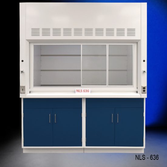 Front view of Fisher American 6'x4' Fume Hood with two blue general storage cabinets.