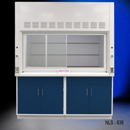 Front view of Fisher American 6'x4' Fume Hood with two blue general storage cabinets.
