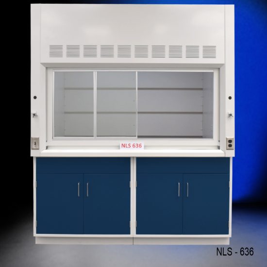 Front view of Fisher American 6'x4' Fume Hood with two blue general storage cabinets.