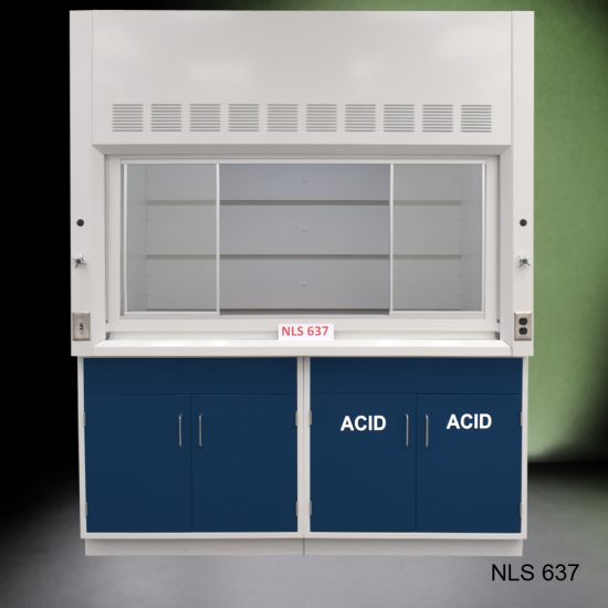 Front view of Fisher American 6'x4' Fume Hood with two blue acid and two general storage cabinets.