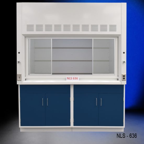 Front view of Fisher American 6'x4' Fume Hood with two blue general storage cabinets.