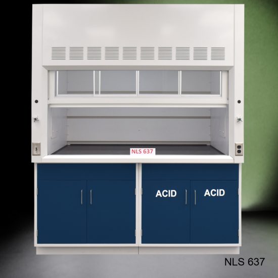 Front view of Fisher American 6'x4' Fume Hood with two blue acid and two general storage cabinets.