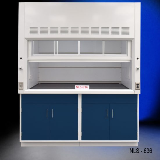 Front view of Fisher American 6'x4' Fume Hood with two blue general storage cabinets.