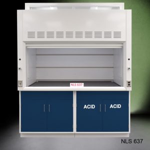 Front view of Fisher American 6'x4' Fume Hood with two blue acid and two general storage cabinets.