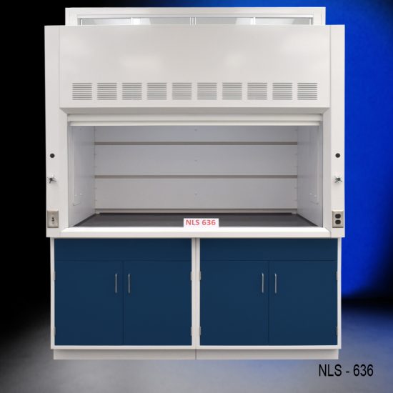 Front view of Fisher American 6'x4' Fume Hood with two blue general storage cabinets.