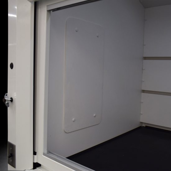 Inside view of Fisher American 6'x4' Fume Hood with blue acid storage cabinets.