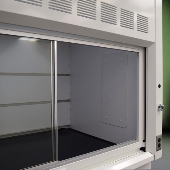 Inside view of Fisher American 6'x4' Fume Hood with blue acid storage cabinets.