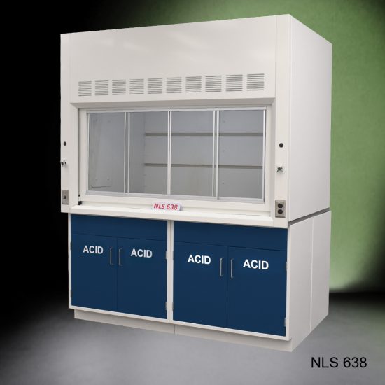 Angled view of Fisher American 6'x4' Fume Hood with blue acid storage cabinets.