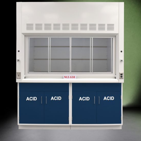 Front view of Fisher American 6'x4' Fume Hood with blue acid storage cabinets.