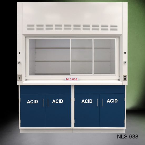 Front view of Fisher American 6'x4' Fume Hood with blue acid storage cabinets.