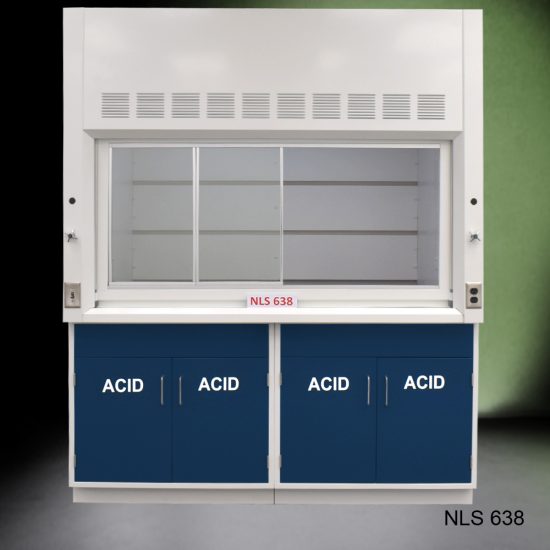 Front view of Fisher American 6'x4' Fume Hood with blue acid storage cabinets.