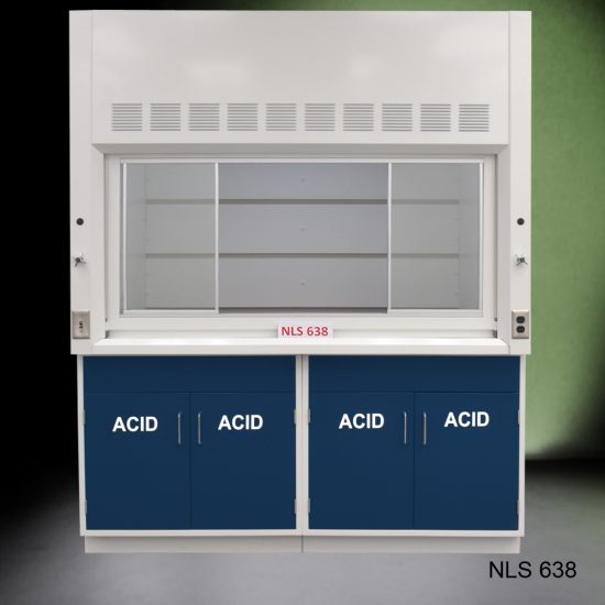 Front view of Fisher American 6'x4' Fume Hood with blue acid storage cabinets.