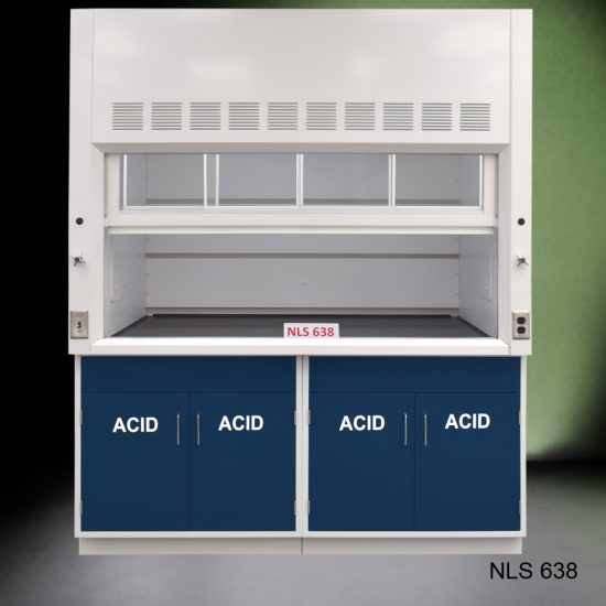 Front view of Fisher American 6'x4' Fume Hood with blue acid storage cabinets.