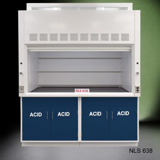 Front view of Fisher American 6'x4' Fume Hood with blue acid storage cabinets.