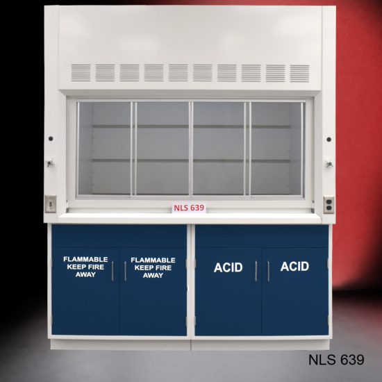 Front view of Fisher American 6'x4' Fume Hood with Flammable and Acid Storage. White text is on cabinet doors.