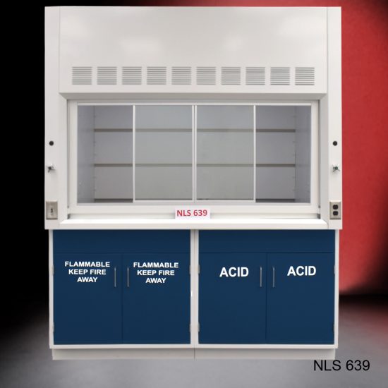 Front view of Fisher American 6'x4' Fume Hood with Flammable and Acid Storage. White text is on cabinet doors.