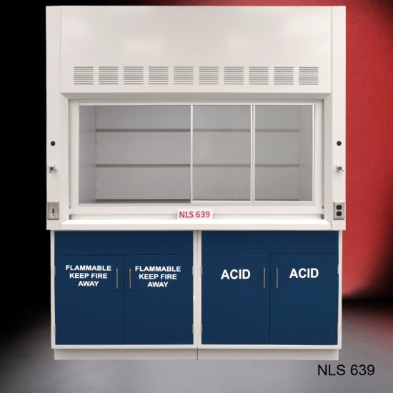 Front view of Fisher American 6'x4' Fume Hood with Flammable and Acid Storage. White text is on cabinet doors.