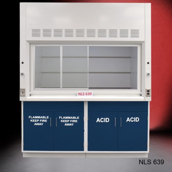 Front view of Fisher American 6'x4' Fume Hood with Flammable and Acid Storage. White text is on cabinet doors.