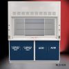 Front view of Fisher American 6'x4' Fume Hood with Flammable and Acid Storage. White text is on cabinet doors.