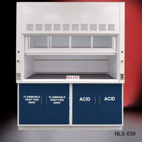 Front view of Fisher American 6'x4' Fume Hood with Flammable and Acid Storage. White text is on cabinet doors.