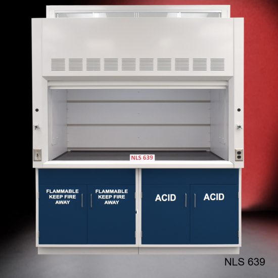 Front view of Fisher American 6'x4' Fume Hood with Flammable and Acid Storage. White text is on cabinet doors.