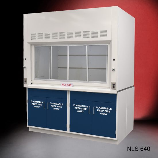 Front view of Fisher American 6'x4' Fume Hood with General and Flammable Storage. "Flammable Keep Fire Away" text is on cabinet doors.