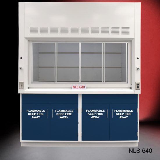 Front view of Fisher American 6'x4' Fume Hood with General and Flammable Storage. "Flammable Keep Fire Away" text is on cabinet doors.