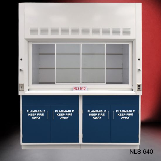 Front view of Fisher American 6'x4' Fume Hood with General and Flammable Storage. "Flammable Keep Fire Away" text is on cabinet doors.