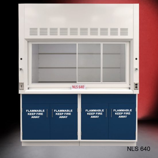 Front view of Fisher American 6'x4' Fume Hood with General and Flammable Storage. "Flammable Keep Fire Away" text is on cabinet doors.