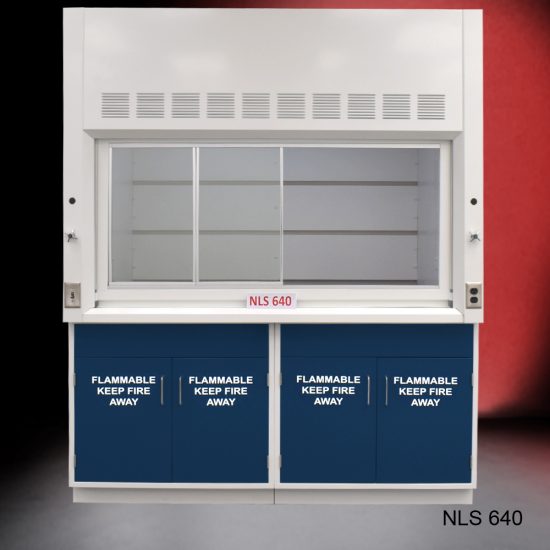 Front view of Fisher American 6'x4' Fume Hood with General and Flammable Storage. "Flammable Keep Fire Away" text is on cabinet doors.