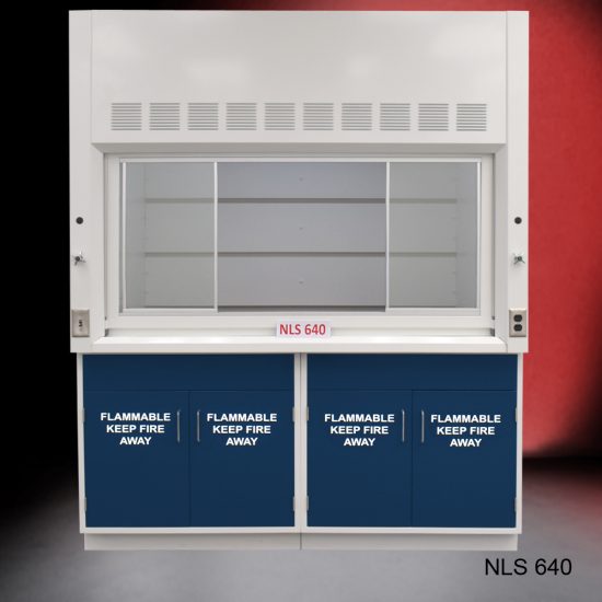 Front view of Fisher American 6'x4' Fume Hood with General and Flammable Storage. "Flammable Keep Fire Away" text is on cabinet doors.