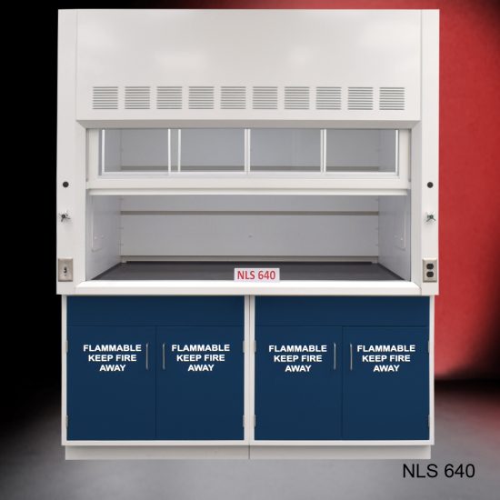 Front view of Fisher American 6'x4' Fume Hood with General and Flammable Storage. "Flammable Keep Fire Away" text is on cabinet doors.