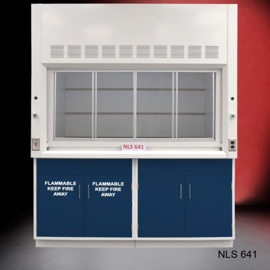 Front view of Fisher American 6'x4' Fume Hood with General and Flammable Storage. "Flammable Keep Fire Away" text is on cabinet doors.