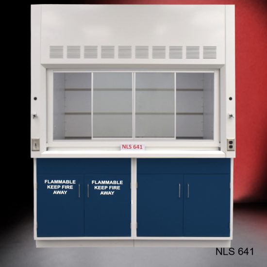 Front view of Fisher American 6'x4' Fume Hood with General and Flammable Storage. "Flammable Keep Fire Away" text is on cabinet doors.