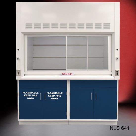 Front view of Fisher American 6'x4' Fume Hood with General and Flammable Storage. "Flammable Keep Fire Away" text is on cabinet doors.